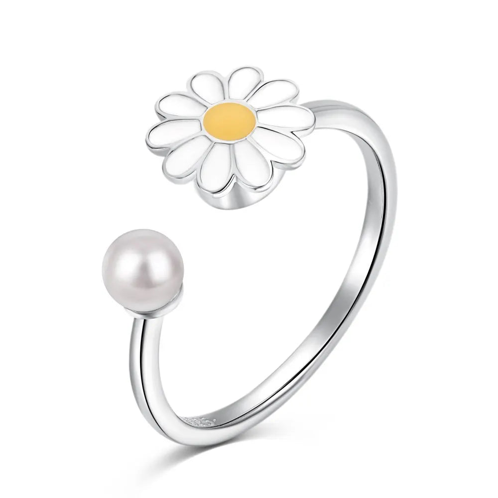 Öppen ring, blomma som är roterbar med pärla, s925