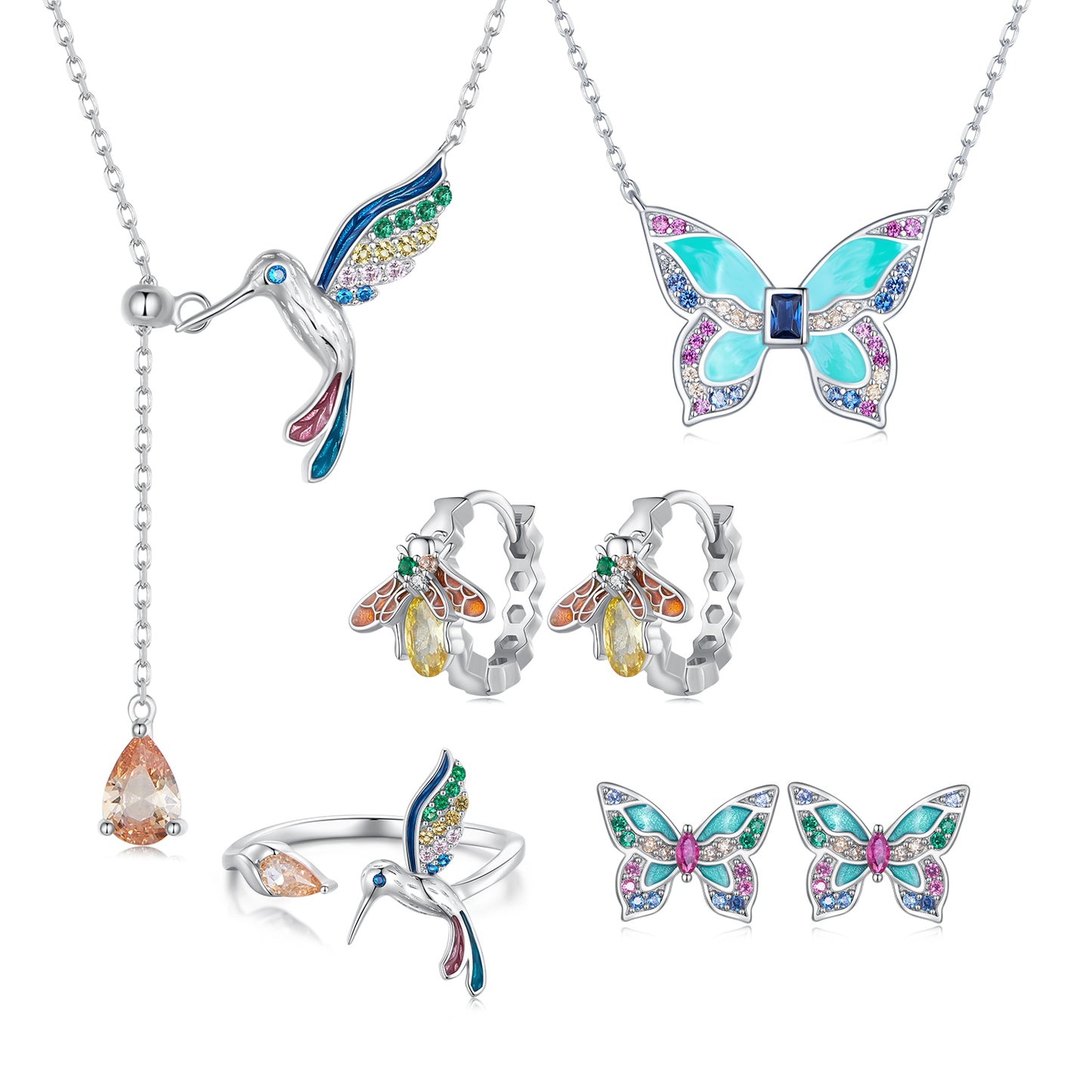 collage kolibri, fjäril, bi, emaljerade smycken.