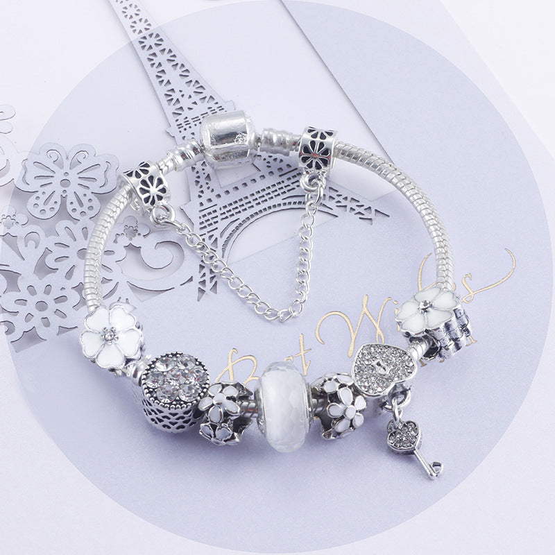 vit berlockarmband hjärta med nyckel komplett silver 925, zirkonia stenar