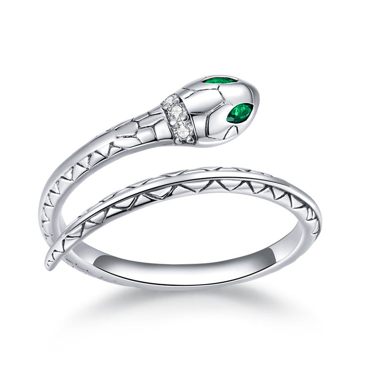 reglerbar orm ring, silver 925, gröna ögon
