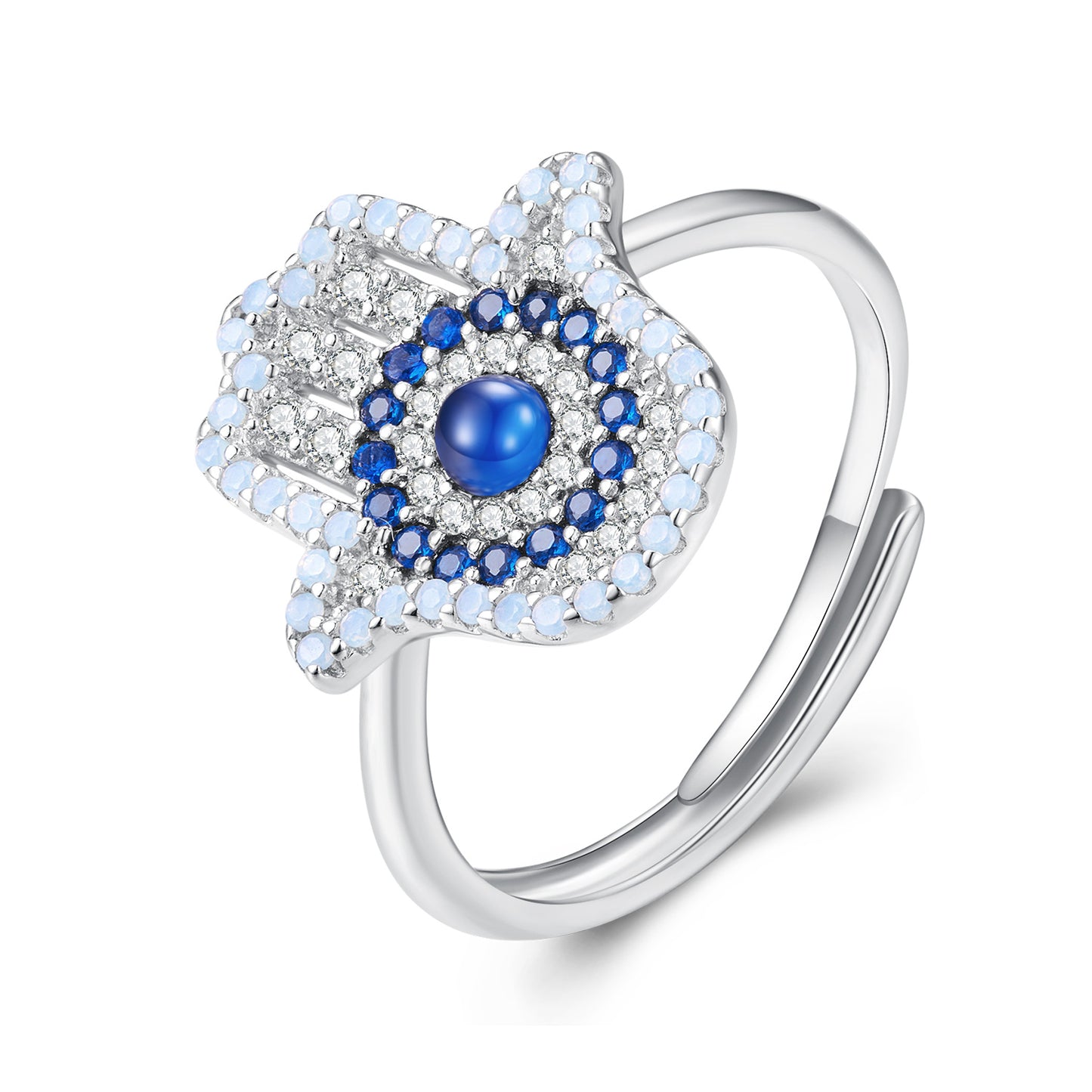 Fatima hand ring, blå vit och opal stenar