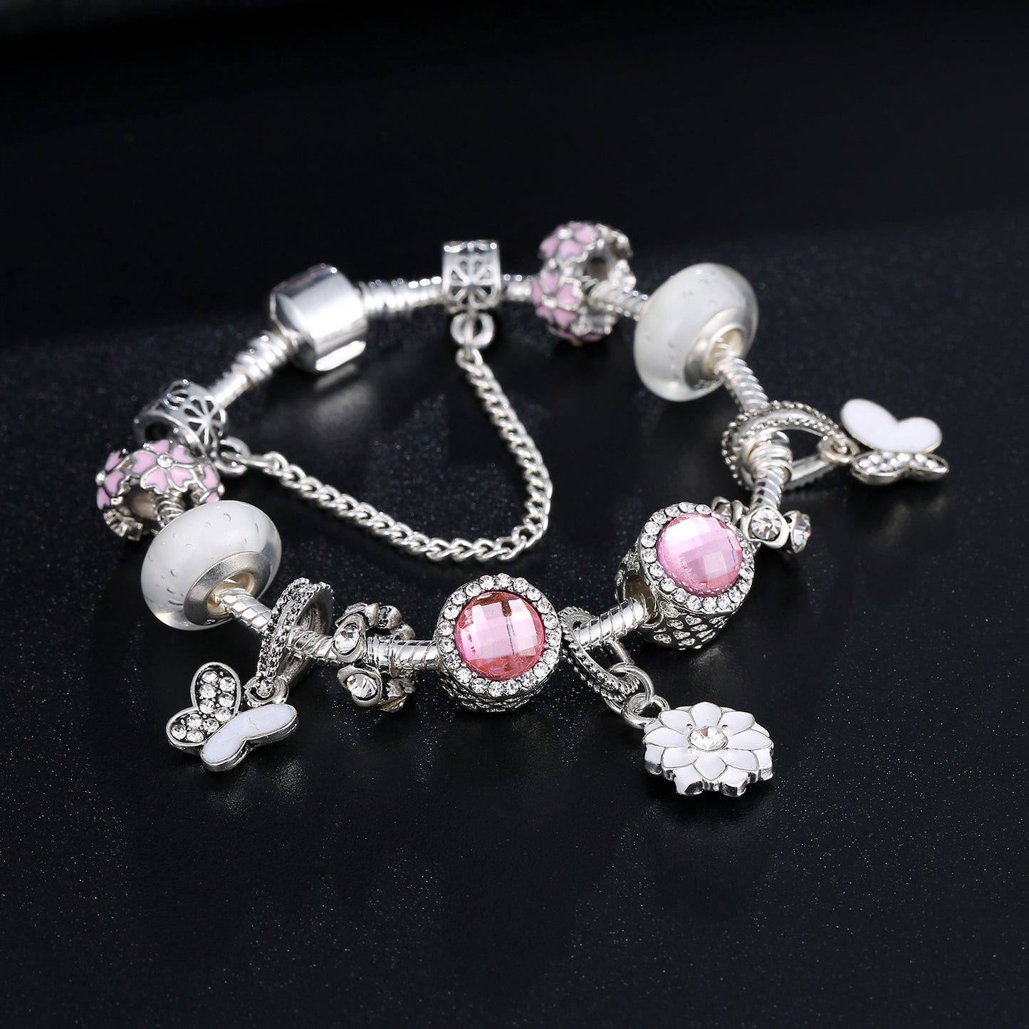 rosa berlockarmband komplett silver 925, zirkonia stenar